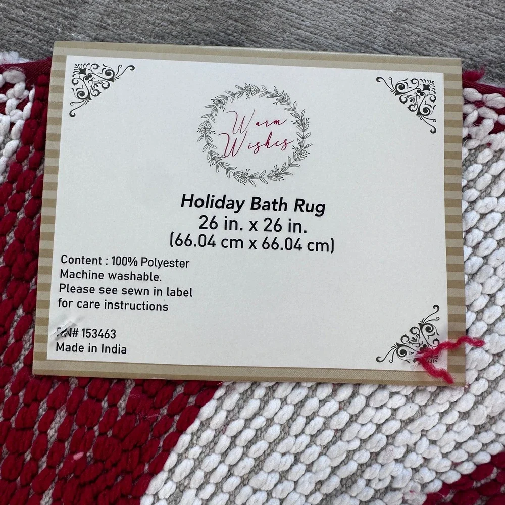 Warm Wishes Holiday Bath Rug Red White Peppermint Swirl Pom Pom 26in Round NEW